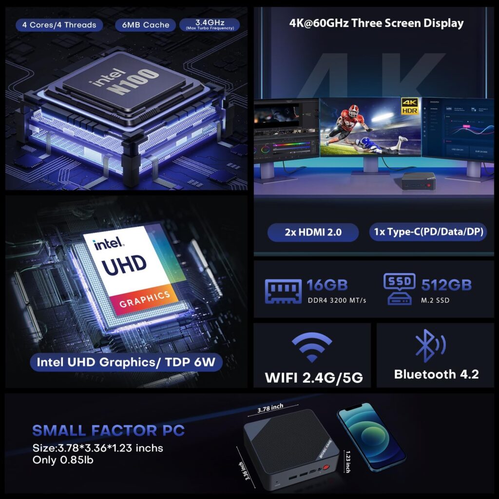 BOSGAME Mini PC B95 Intel 12th Processor N95 16GB DDR4 RAM 512GB m.2 SSD w/Win 11 OS Mini Desktop Computers, 4K UHD, Triple Display, 2xHDMI, 1xRJ45 LAN, 4xUSB3.2 Ports,WiFi5,BT4.2 BOSGAME Mini PC B95 Intel 12th Processor N95 16GB DDR4 RAM 512GB m.2 SSD w/Win 11 OS Mini Desktop Computers, 4K UHD, Triple Display, 2xHDMI, 1xRJ45 LAN, 4xUSB3.2 Ports,WiFi5,BT4.2