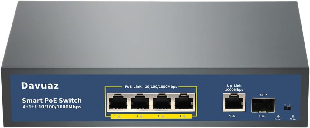 Davuaz Gigabit PoE Switch with 4 POE+ Port, 1 Gigabit Uplink Port and 1 SFP Port, IEEE802.3af/at Compliant, Up to 78W, Metal Design, Unmanaged Power Over Ethernet Switch, Plug and Play Network Switch Davuaz Gigabit PoE Switch with 4 POE+ Port, 1 Gigabit Uplink Port and 1 SFP Port, IEEE802.3af/at Compliant, Up to 78W, Metal Design, Unmanaged Power Over Ethernet Switch, Plug and Play Network Switch