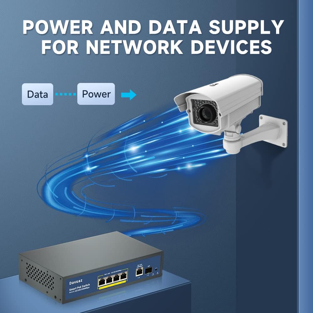 Davuaz Gigabit PoE Switch with 4 POE+ Port, 1 Gigabit Uplink Port and 1 SFP Port, IEEE802.3af/at Compliant, Up to 78W, Metal Design, Unmanaged Power Over Ethernet Switch, Plug and Play Network Switch Davuaz Gigabit PoE Switch with 4 POE+ Port, 1 Gigabit Uplink Port and 1 SFP Port, IEEE802.3af/at Compliant, Up to 78W, Metal Design, Unmanaged Power Over Ethernet Switch, Plug and Play Network Switch