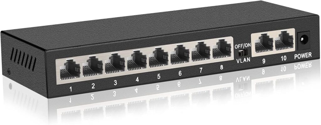 ienRon 10 Port Gigabit Switch, 8 Gigabit Ports + 2 Gigabit Uplink Ports, Unmanaged Ethernet Switch, Internet Switch Network Switch with AI Detection VLAN Mode | Plug and Play| Fanless Metal Design