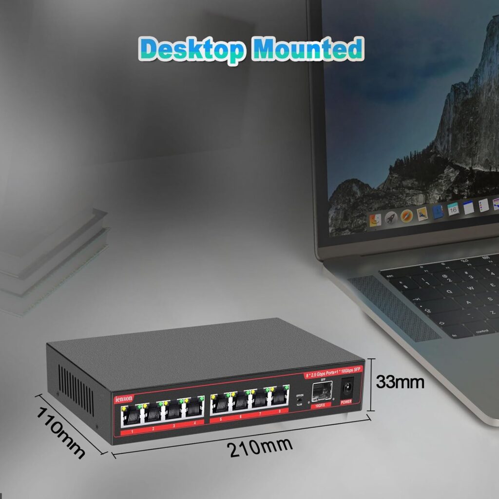 ienRon 10 Port Gigabit Switch, 8 Gigabit Ports + 2 Gigabit Uplink Ports, Unmanaged Ethernet Switch, Internet Switch Network Switch with AI Detection VLAN Mode | Plug and Play| Fanless Metal Design