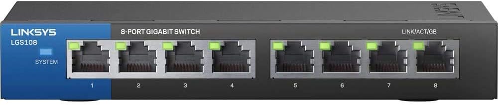 Linksys LGS108: 8-Port Business Desktop Gigabit Ethernet Unmanaged Switch, Computer Network, Wired Connection Speed up to 1,000 Mbps (Black, Blue)