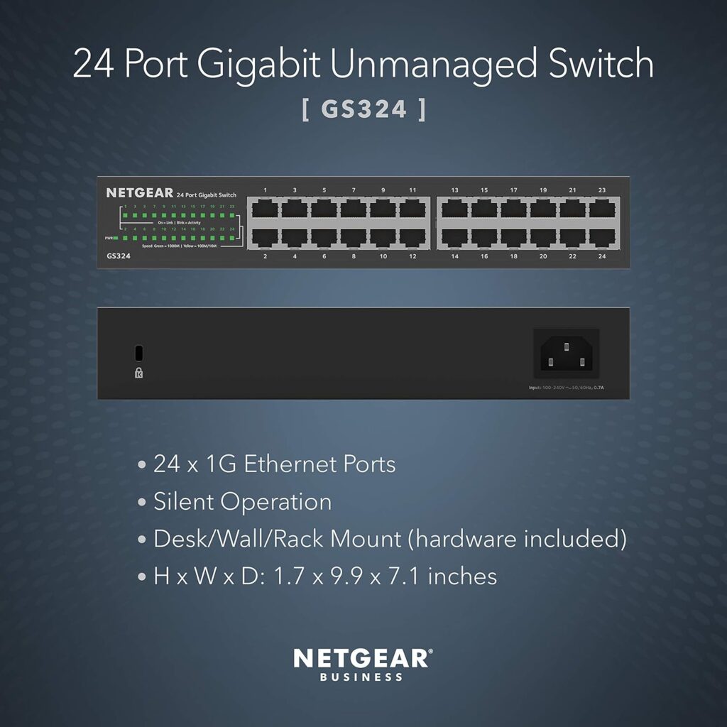 NETGEAR 24-Port Gigabit Ethernet Unmanaged Switch (GS324) - Desktop, Wall, or Rackmount, Silent Operation