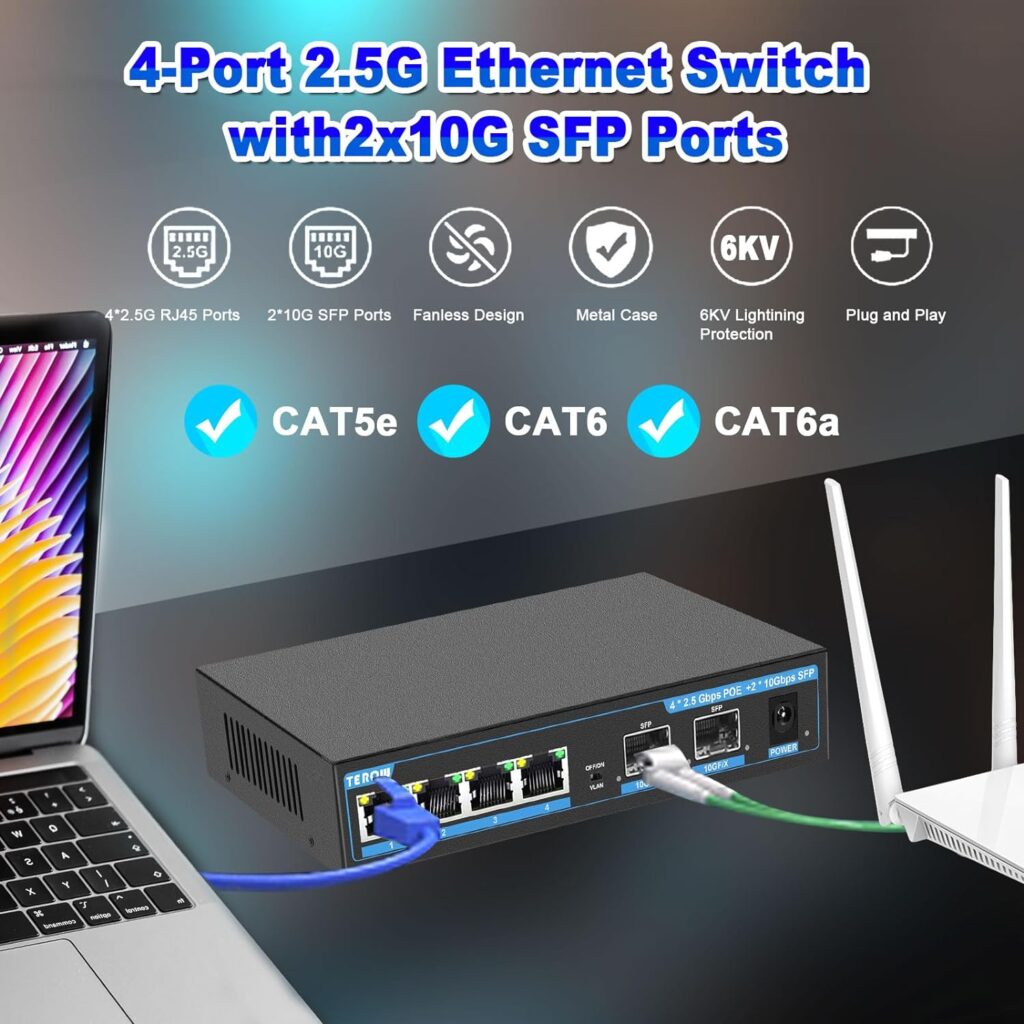 TEROW Ethernet Switch,5 Port Gigabit Unmanaged Network Switch, Portable Switch | Plug  Play | Fanless Housing, Black