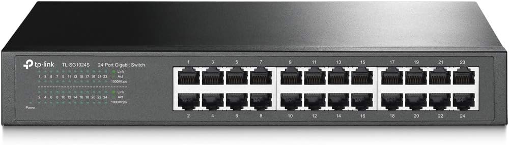 TP-Link 24 Port Gigabit Ethernet Switch Desktop/ Rackmount Plug  Play Shielded Ports Sturdy Metal Fanless Quiet Traffic Optimization Unmanaged (TL-SG1024S)