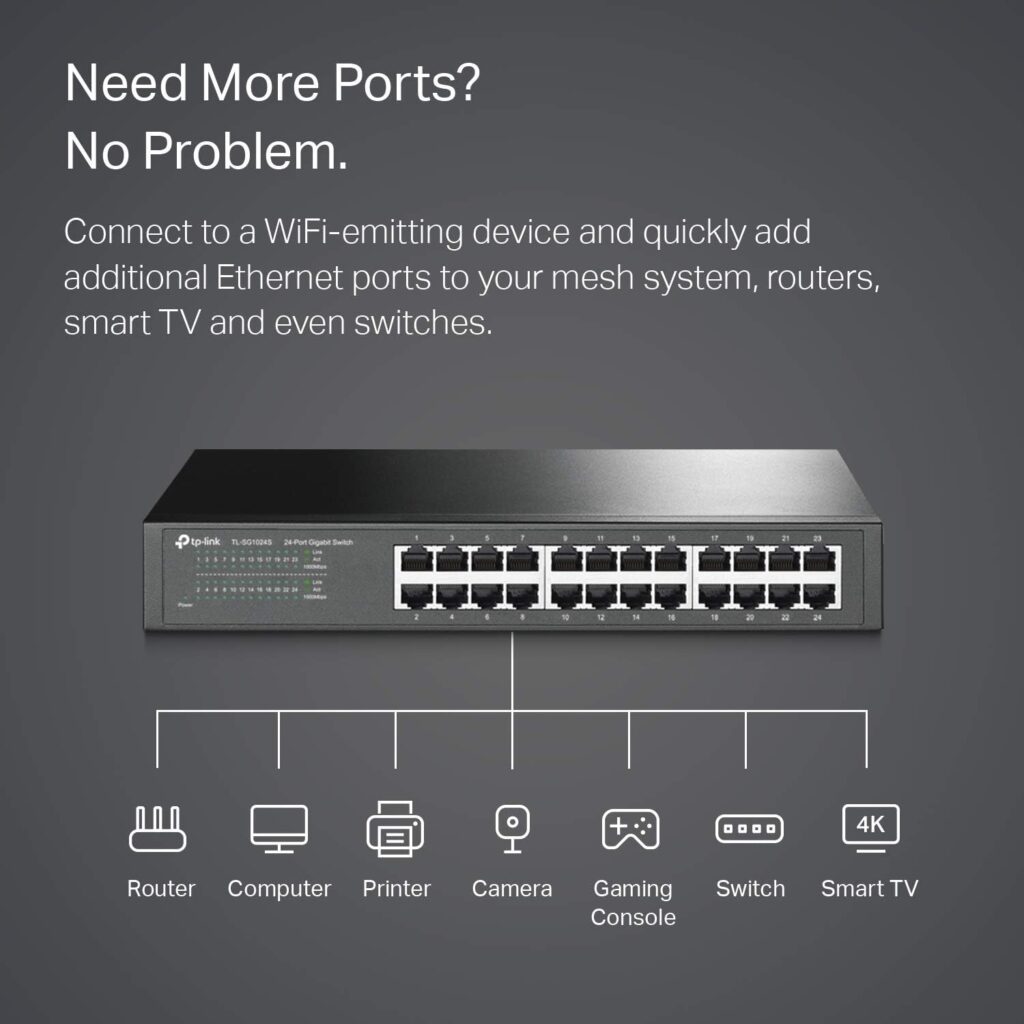 TP-Link 24 Port Gigabit Ethernet Switch Desktop/ Rackmount Plug  Play Shielded Ports Sturdy Metal Fanless Quiet Traffic Optimization Unmanaged (TL-SG1024S)