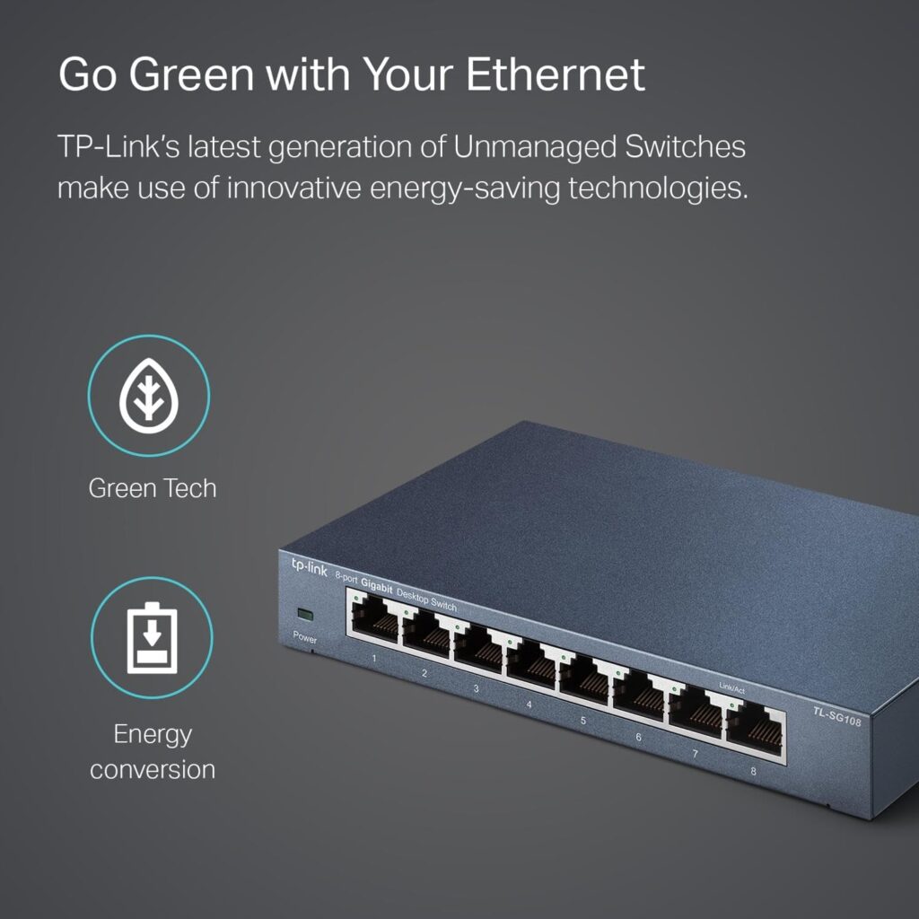 TP-Link TL-SG108 8 Port Gigabit Unmanaged Ethernet Network Switch, Ethernet Splitter Plug  Play Fanless Metal Design Shielded Ports Traffic Optimization
