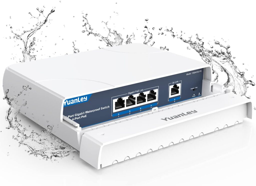 YuanLey 4-Port PoE Switch Gigabit- Waterproof Outdoor Ethernet Unmanaged Network Switch with VLAN Function, 78W Built-in Power, IEEE802.3af/at Support and Plug  Play, Ideal for Outdoor Use