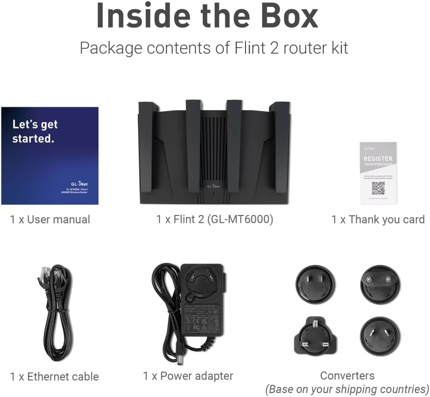 GL.iNet GL-MT6000(Flint 2) WiFi 6 Router | Gaming WiFi Router | 2 x 2.5G Multi-Gig Port+4 x 1G Ethernet Ports | Mass Device Connectivity | Rapid OpenVpn  WireGuard | 802.11ax | Long Range Coverage